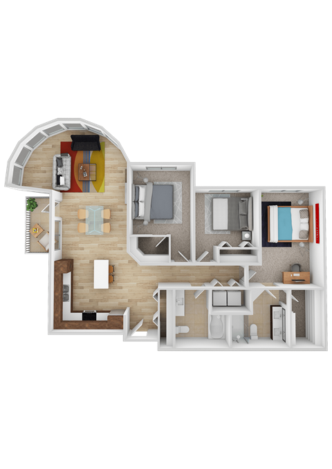 A detailed 3D floor plan of a modern house layout.